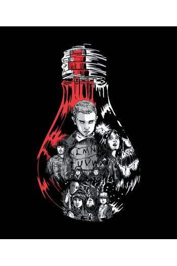 Diseño artístico de Stranger Things dentro de una bombilla con Eleven, Hopper